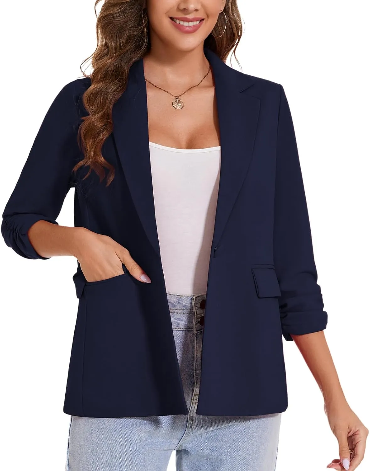 MINTLIMIT Womens Blazer 3/4 Ruched Sleeve Notch Lapel Business Work Blazers One Button Open Front Casual Jackets with Pockets