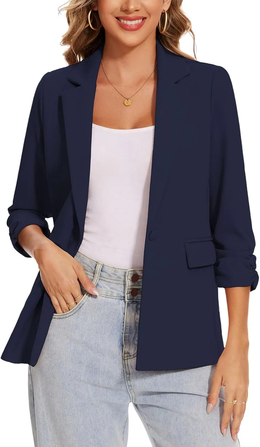 MINTLIMIT Womens Blazer 3/4 Ruched Sleeve Notch Lapel Business Work Blazers One Button Open Front Casual Jackets with Pockets