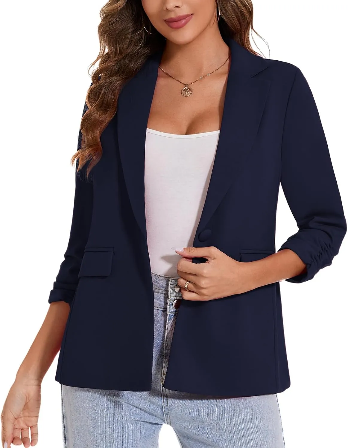 MINTLIMIT Womens Blazer 3/4 Ruched Sleeve Notch Lapel Business Work Blazers One Button Open Front Casual Jackets with Pockets