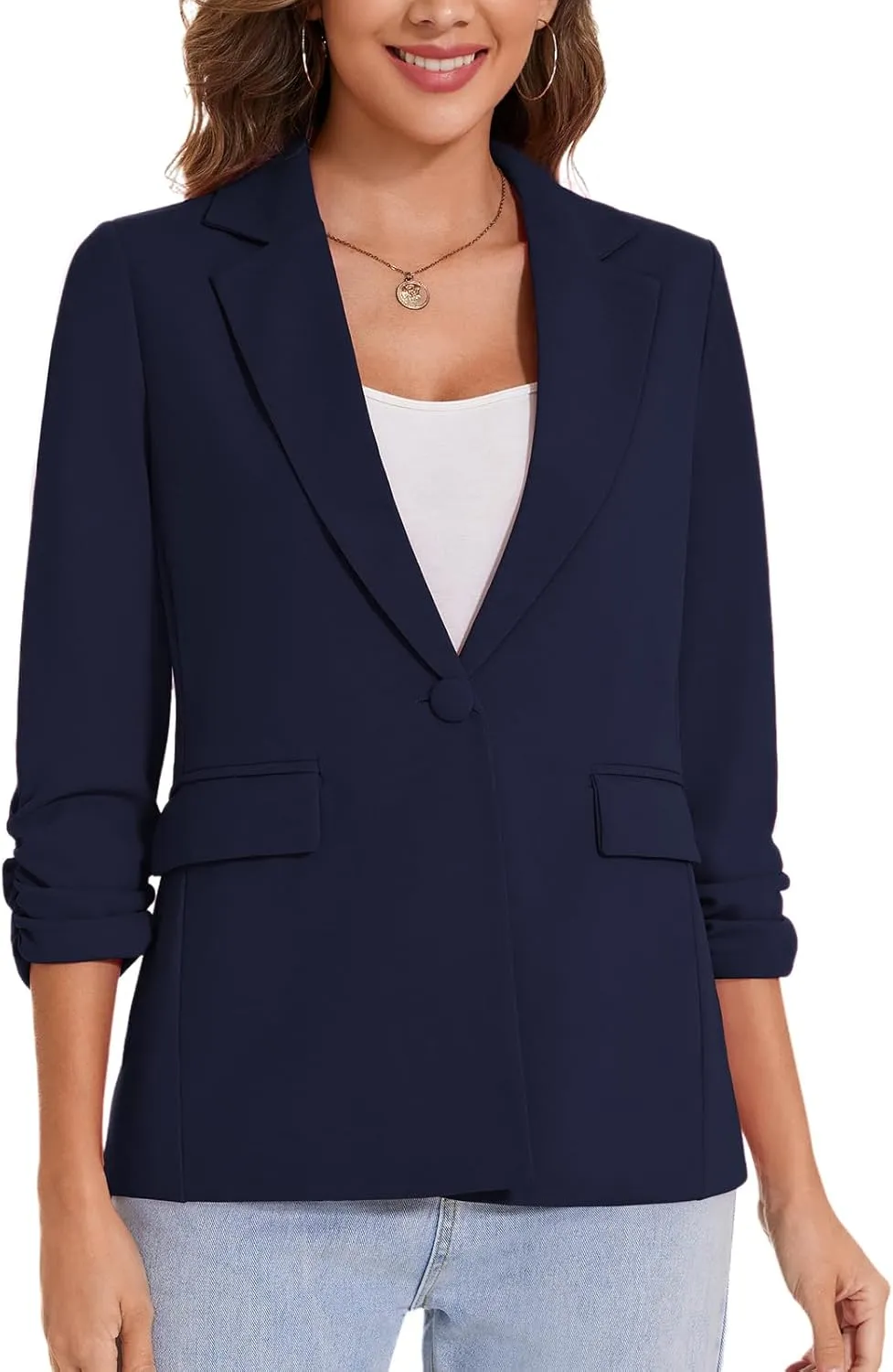 MINTLIMIT Womens Blazer 3/4 Ruched Sleeve Notch Lapel Business Work Blazers One Button Open Front Casual Jackets with Pockets