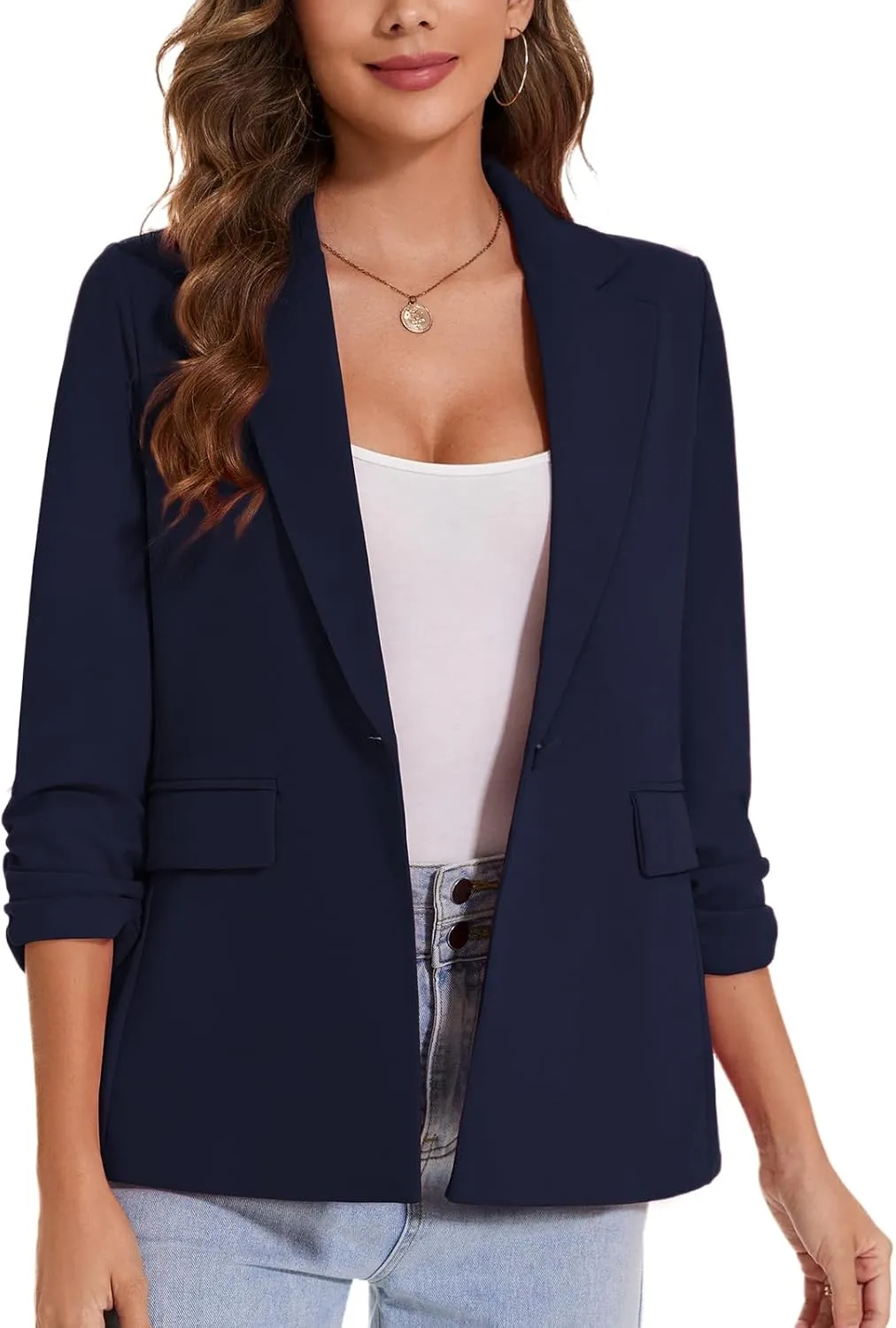 MINTLIMIT Womens Blazer 3/4 Ruched Sleeve Notch Lapel Business Work Blazers One Button Open Front Casual Jackets with Pockets