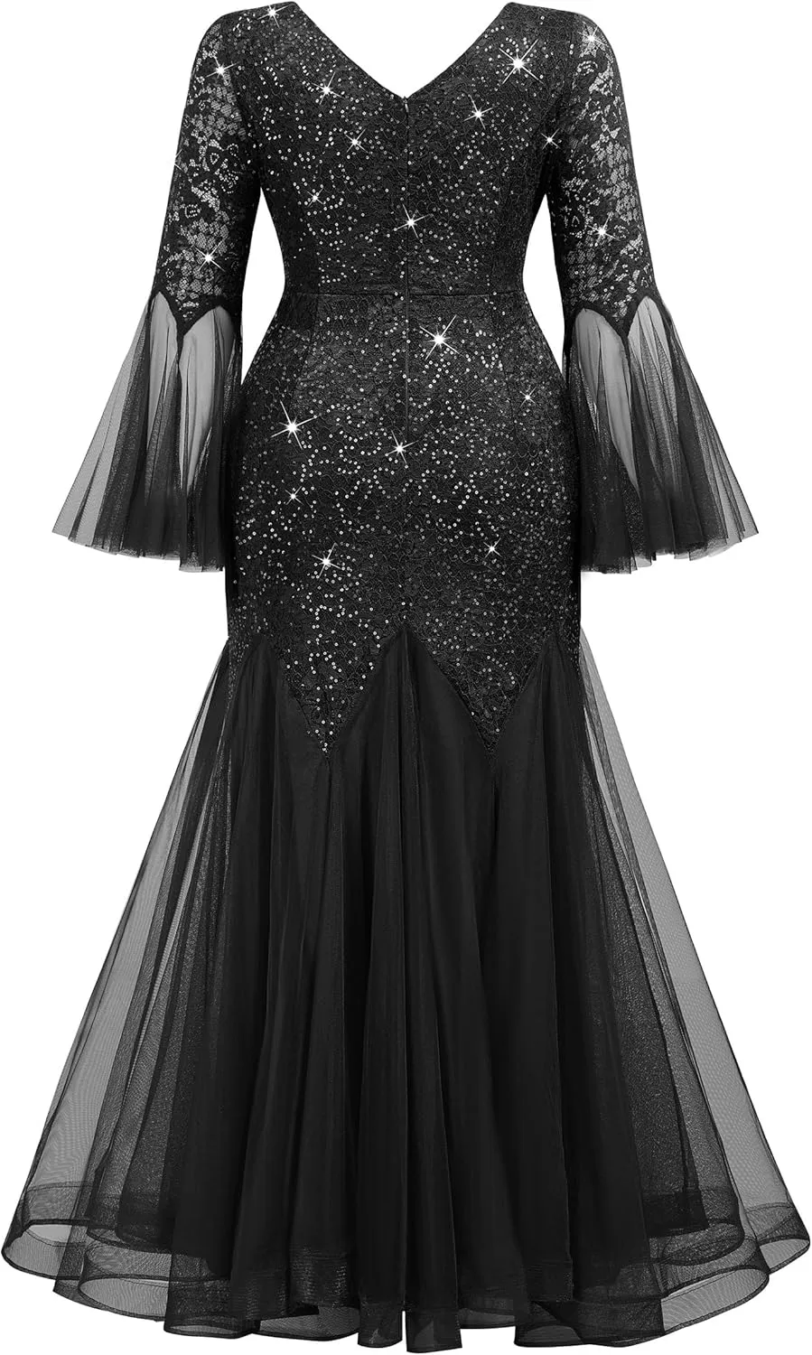MISSMAY Women's Plus Size Sequins Lace V Neck Sheer Long Sleeves Tulle Mermaid Hem Formal Evening Party Dresses