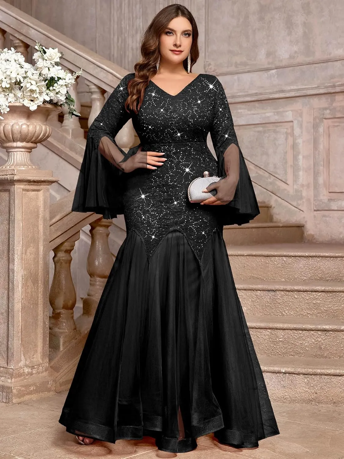 MISSMAY Women's Plus Size Sequins Lace V Neck Sheer Long Sleeves Tulle Mermaid Hem Formal Evening Party Dresses