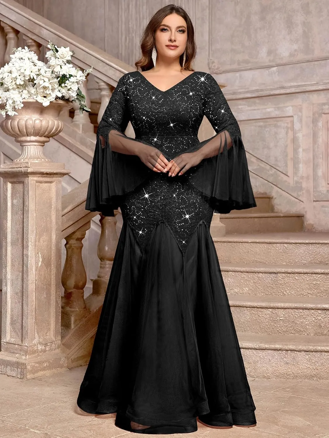 MISSMAY Women's Plus Size Sequins Lace V Neck Sheer Long Sleeves Tulle Mermaid Hem Formal Evening Party Dresses