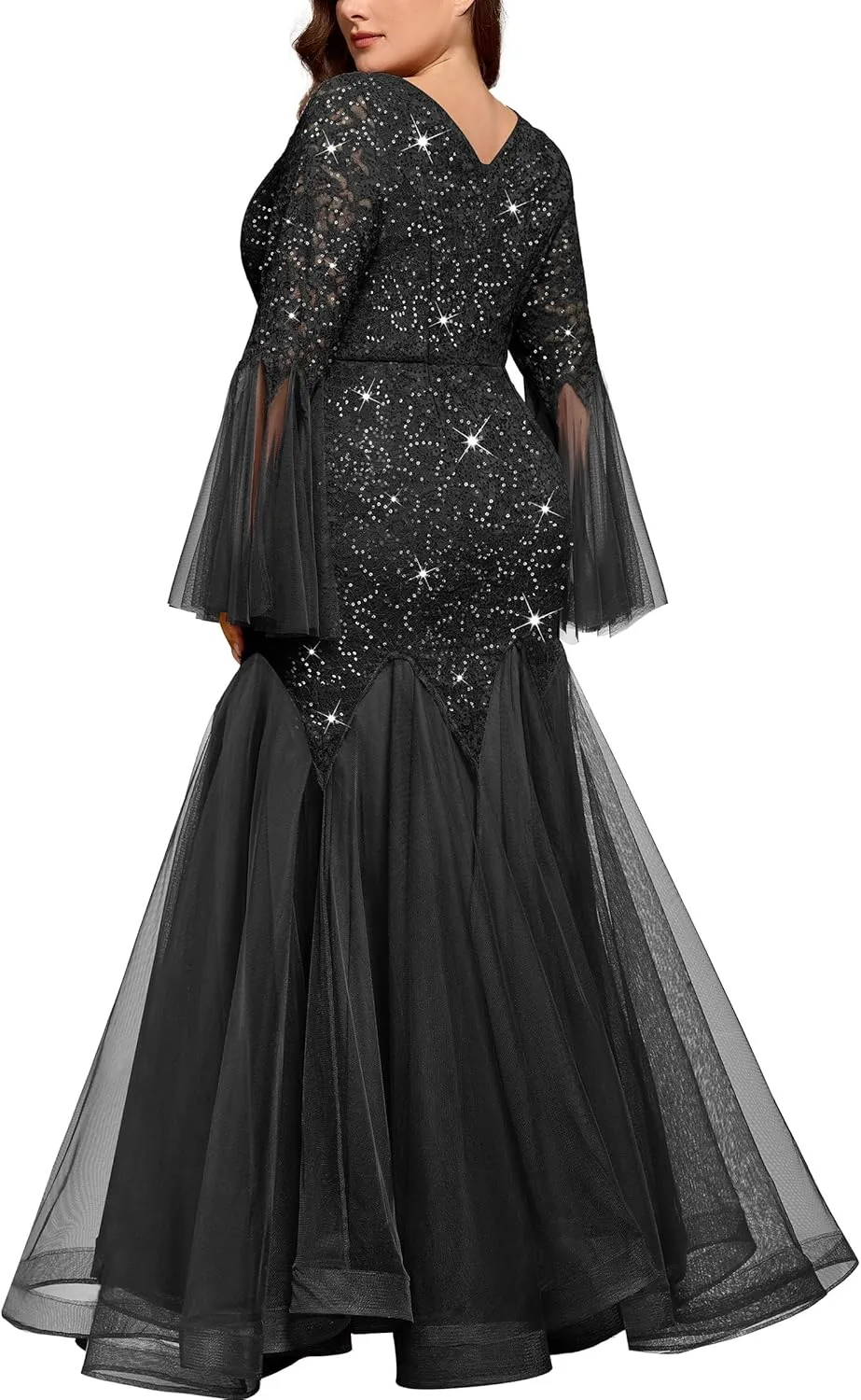 MISSMAY Women's Plus Size Sequins Lace V Neck Sheer Long Sleeves Tulle Mermaid Hem Formal Evening Party Dresses