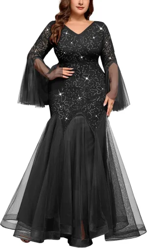 MISSMAY Women's Plus Size Sequins Lace V Neck Sheer Long Sleeves Tulle Mermaid Hem Formal Evening Party Dresses