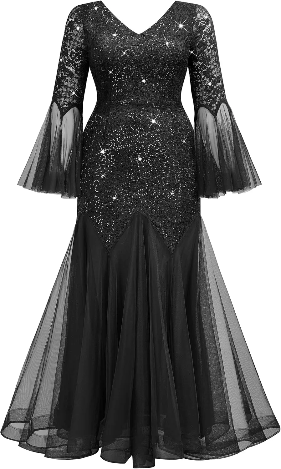 MISSMAY Women's Plus Size Sequins Lace V Neck Sheer Long Sleeves Tulle Mermaid Hem Formal Evening Party Dresses