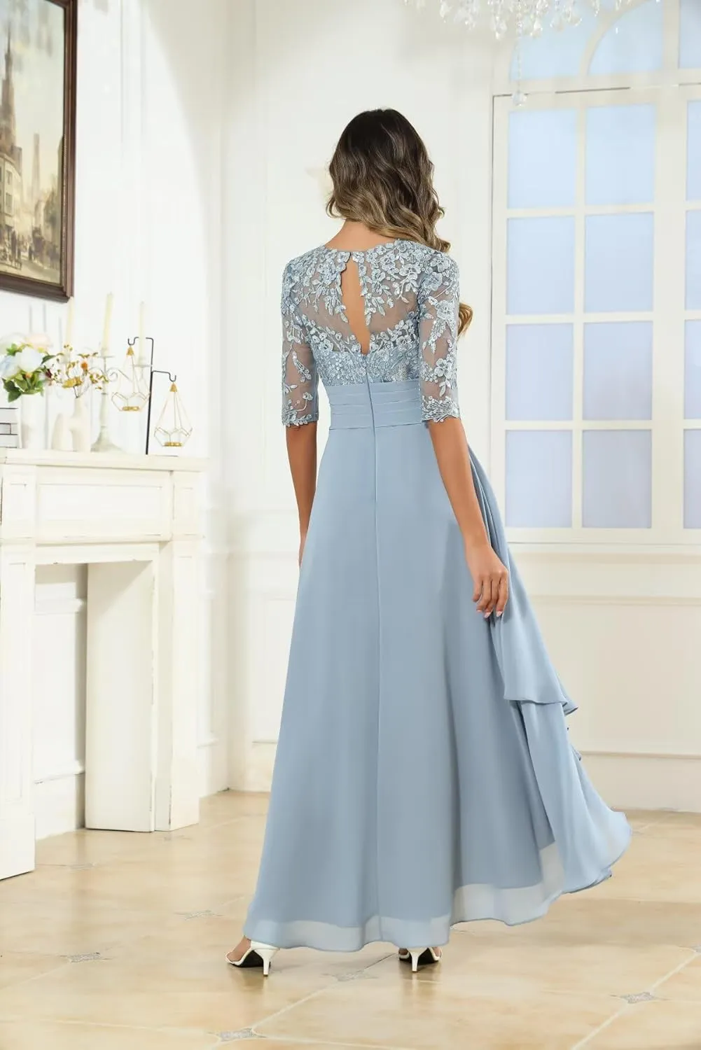 Mother of The Bride Dresses Long Chiffon Half Sleeve Lace Applique Formal Dress for Women
