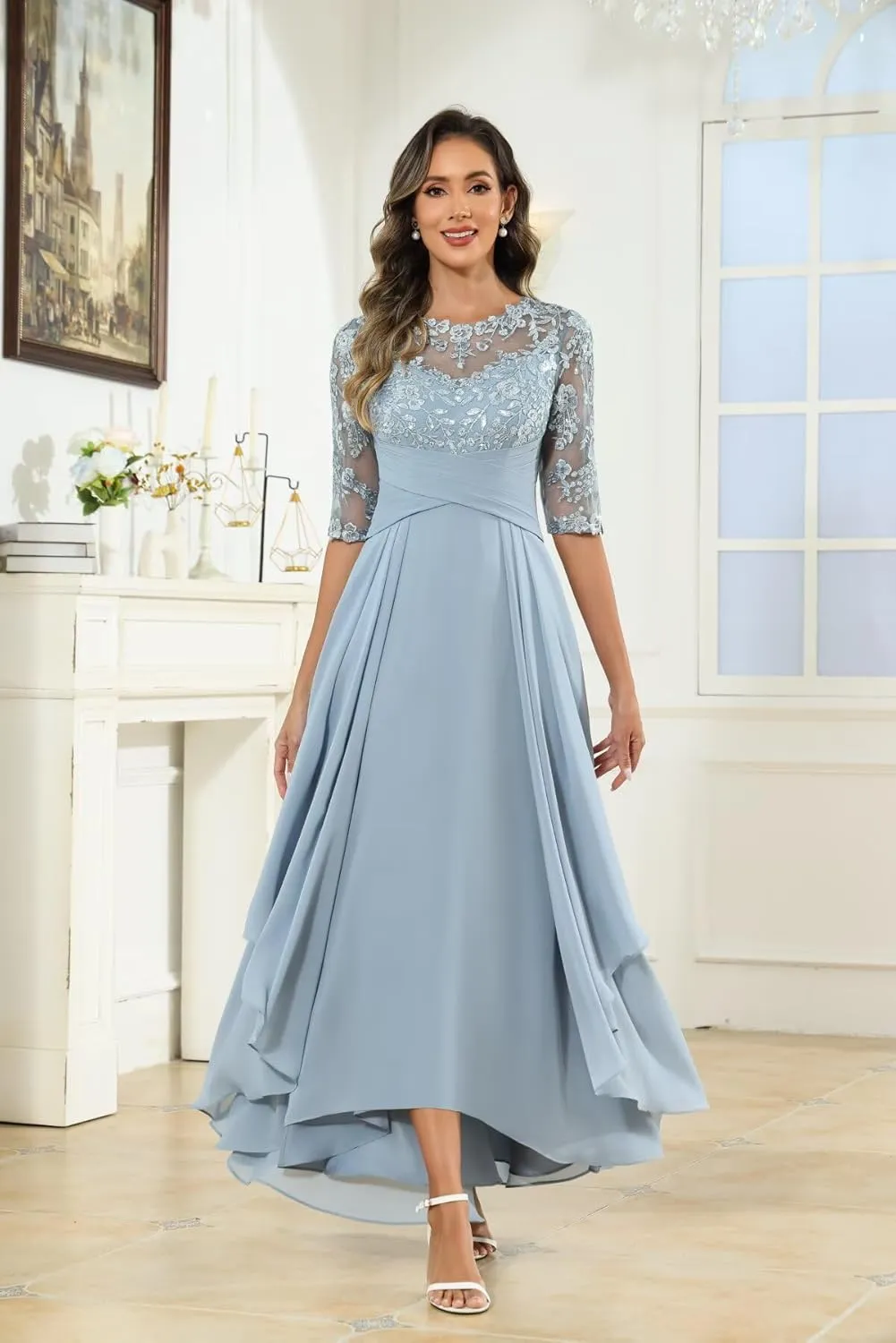 Mother of The Bride Dresses Long Chiffon Half Sleeve Lace Applique Formal Dress for Women