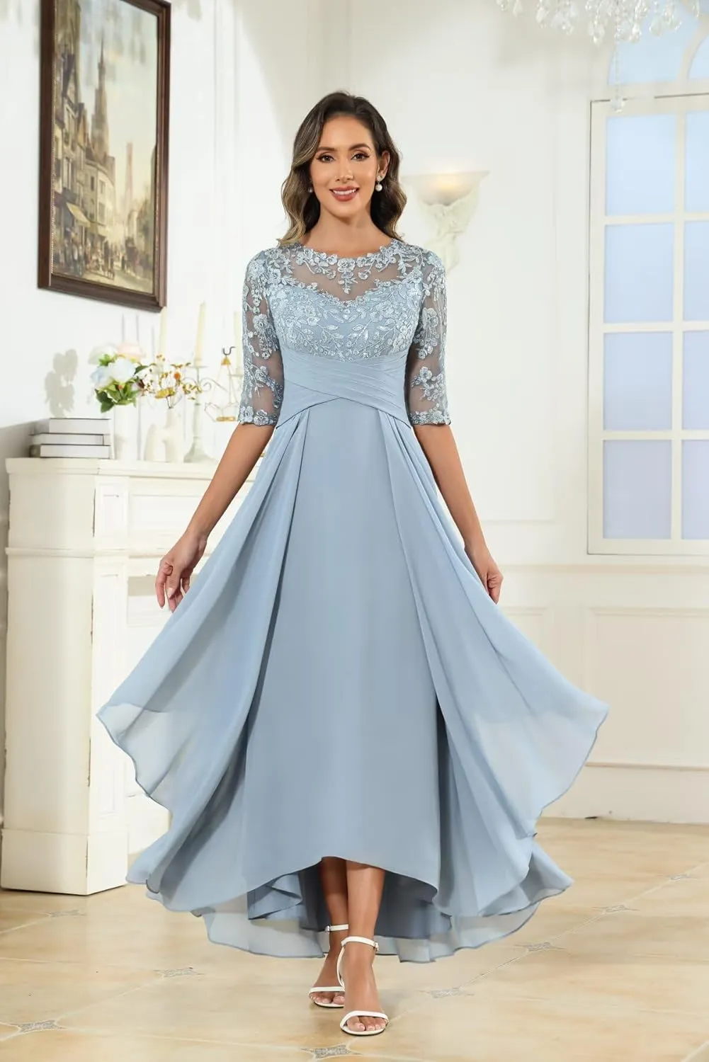 Mother of The Bride Dresses Long Chiffon Half Sleeve Lace Applique Formal Dress for Women