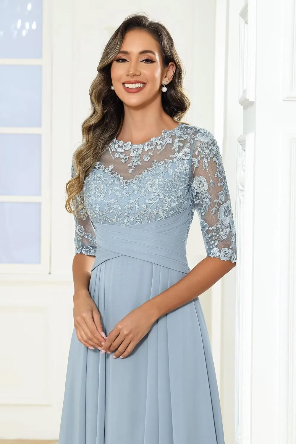 Mother of The Bride Dresses Long Chiffon Half Sleeve Lace Applique Formal Dress for Women