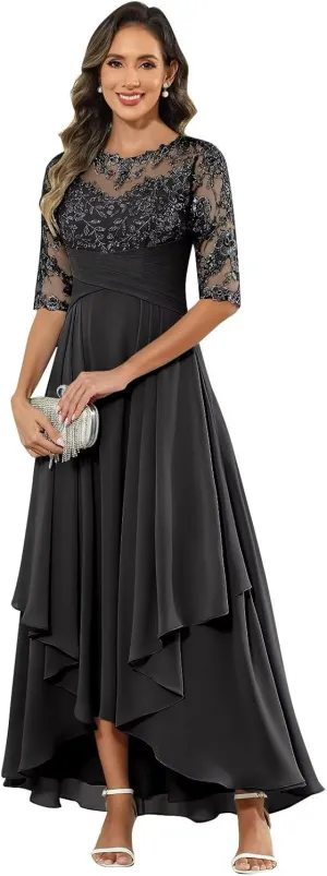 Mother of The Bride Dresses Long Chiffon Half Sleeve Lace Applique Formal Dress for Women