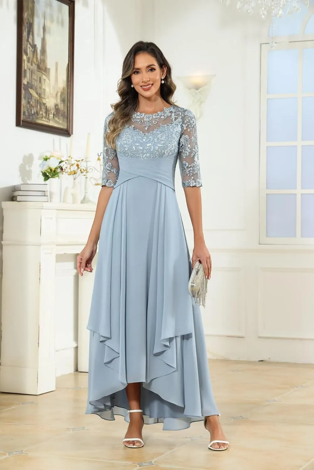 Mother of The Bride Dresses Long Chiffon Half Sleeve Lace Applique Formal Dress for Women