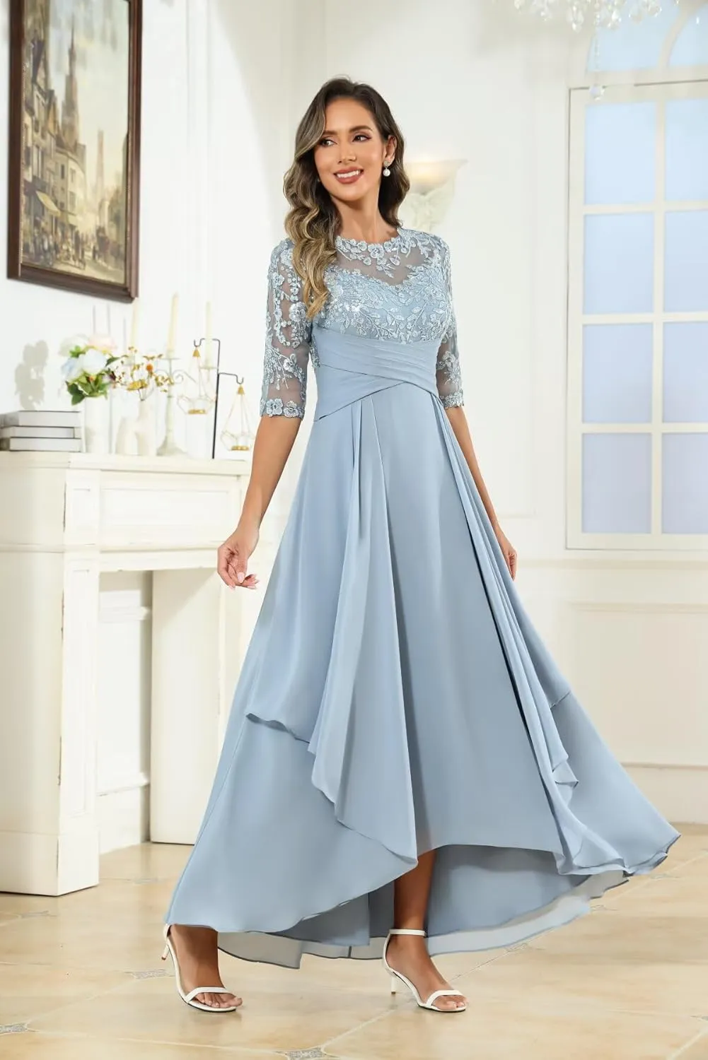 Mother of The Bride Dresses Long Chiffon Half Sleeve Lace Applique Formal Dress for Women