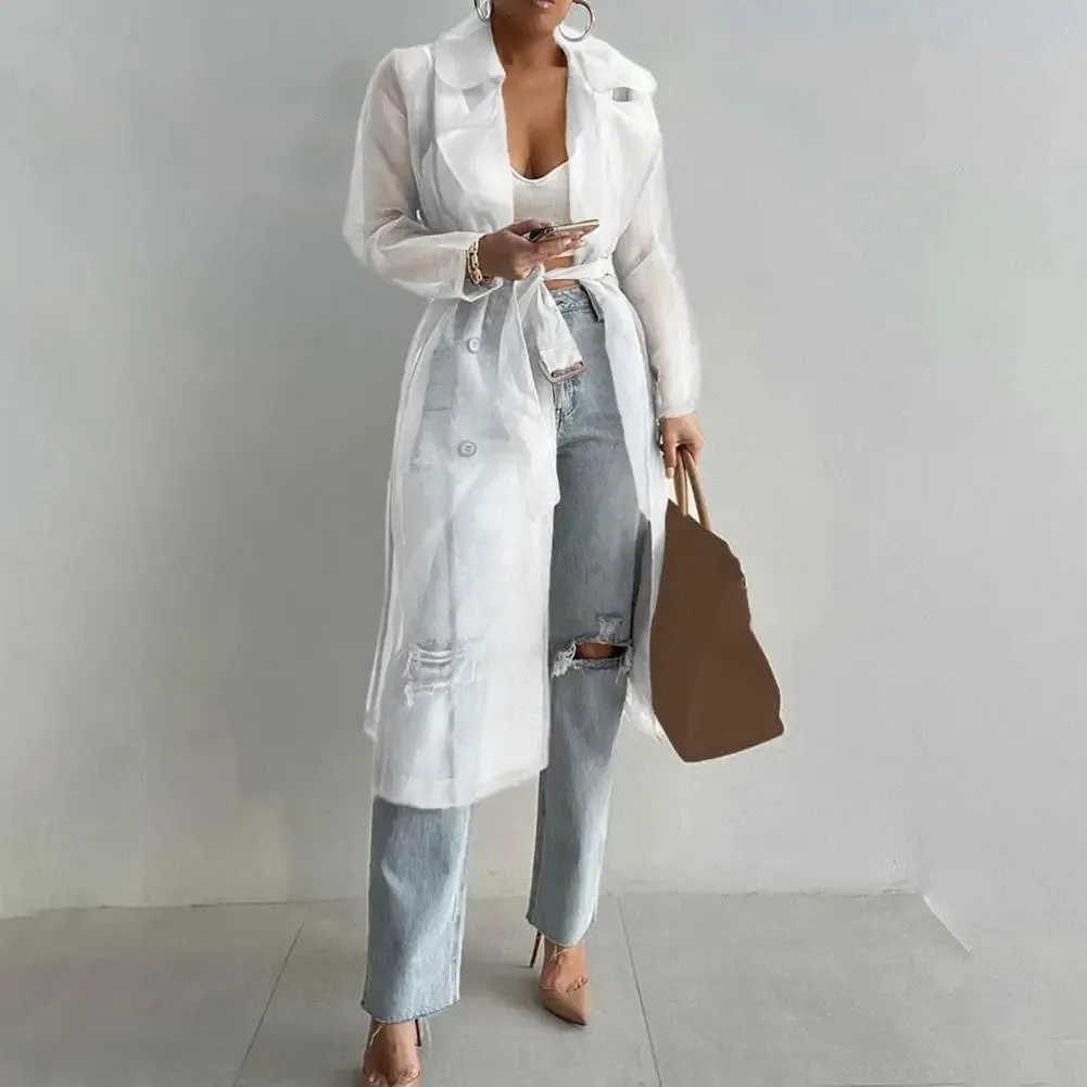 Outdoor Tops Lace Up Spring Sheer Mesh Long Sleeve Buttoned With Belt Elegant Shirts Coat