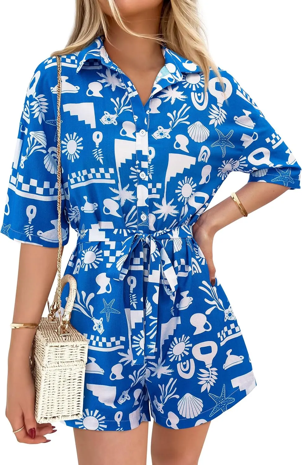 PRETTYGARDEN Womens Rompers for Summer 2025 Beach Vacation Clothes Short Sleeves Floral Jumpsuits Beach Cover Up