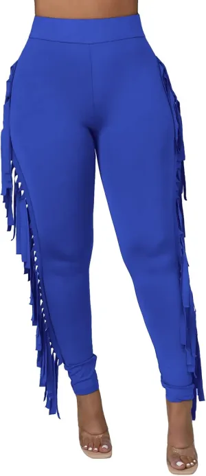 Ruziyoog Women's Casual High Waist Fringed Pants Bodycon Stretch Slim Tassels Side Jogger Sweatpants Leggings Workout Pants