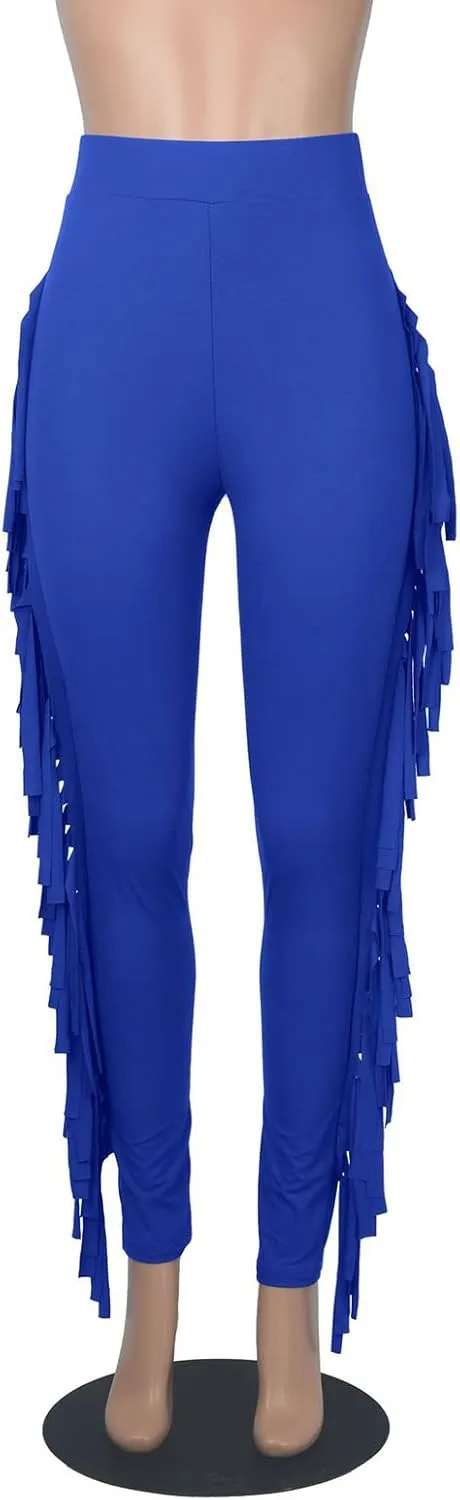 Ruziyoog Women's Casual High Waist Fringed Pants Bodycon Stretch Slim Tassels Side Jogger Sweatpants Leggings Workout Pants
