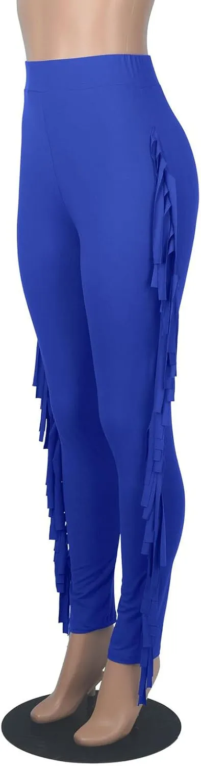 Ruziyoog Women's Casual High Waist Fringed Pants Bodycon Stretch Slim Tassels Side Jogger Sweatpants Leggings Workout Pants
