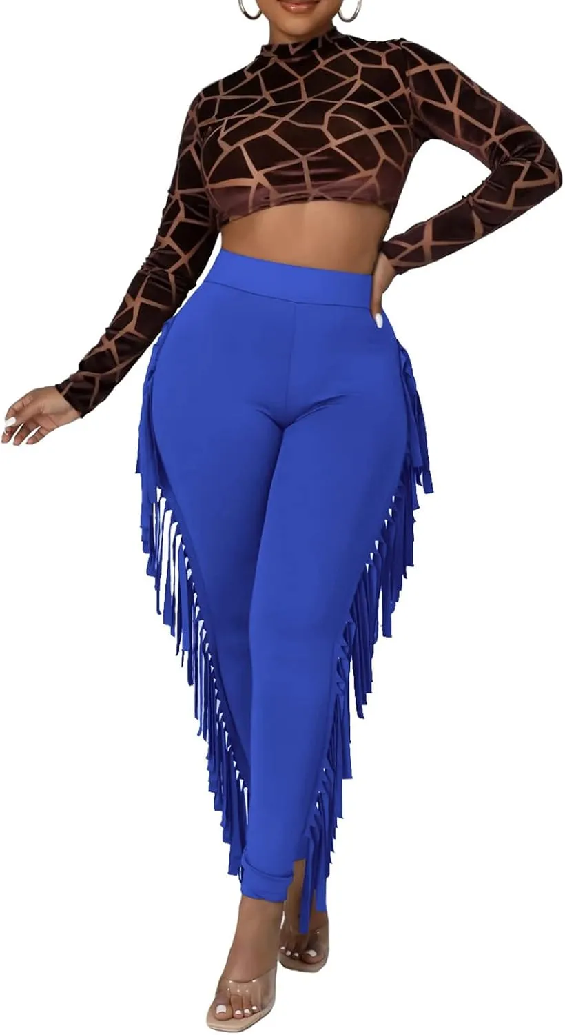 Ruziyoog Women's Casual High Waist Fringed Pants Bodycon Stretch Slim Tassels Side Jogger Sweatpants Leggings Workout Pants