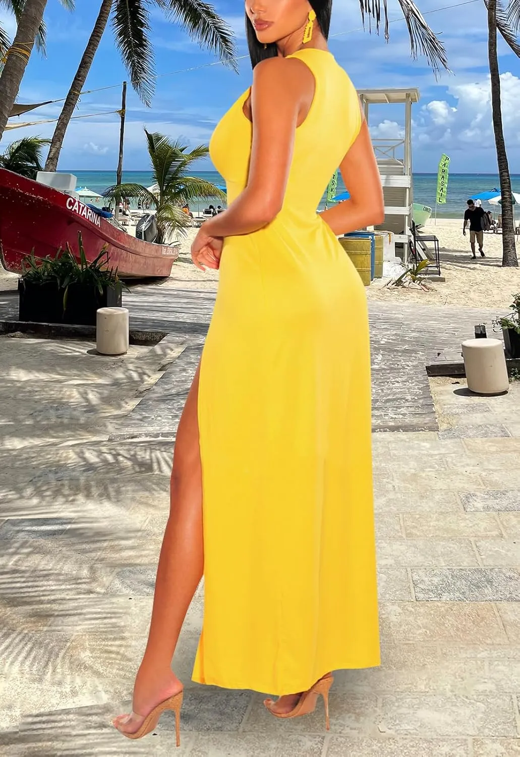 Sexy Maxi Dress for Women Sleeveless Front High Split Deep V Neck Party Long Bodycon Tank Dress