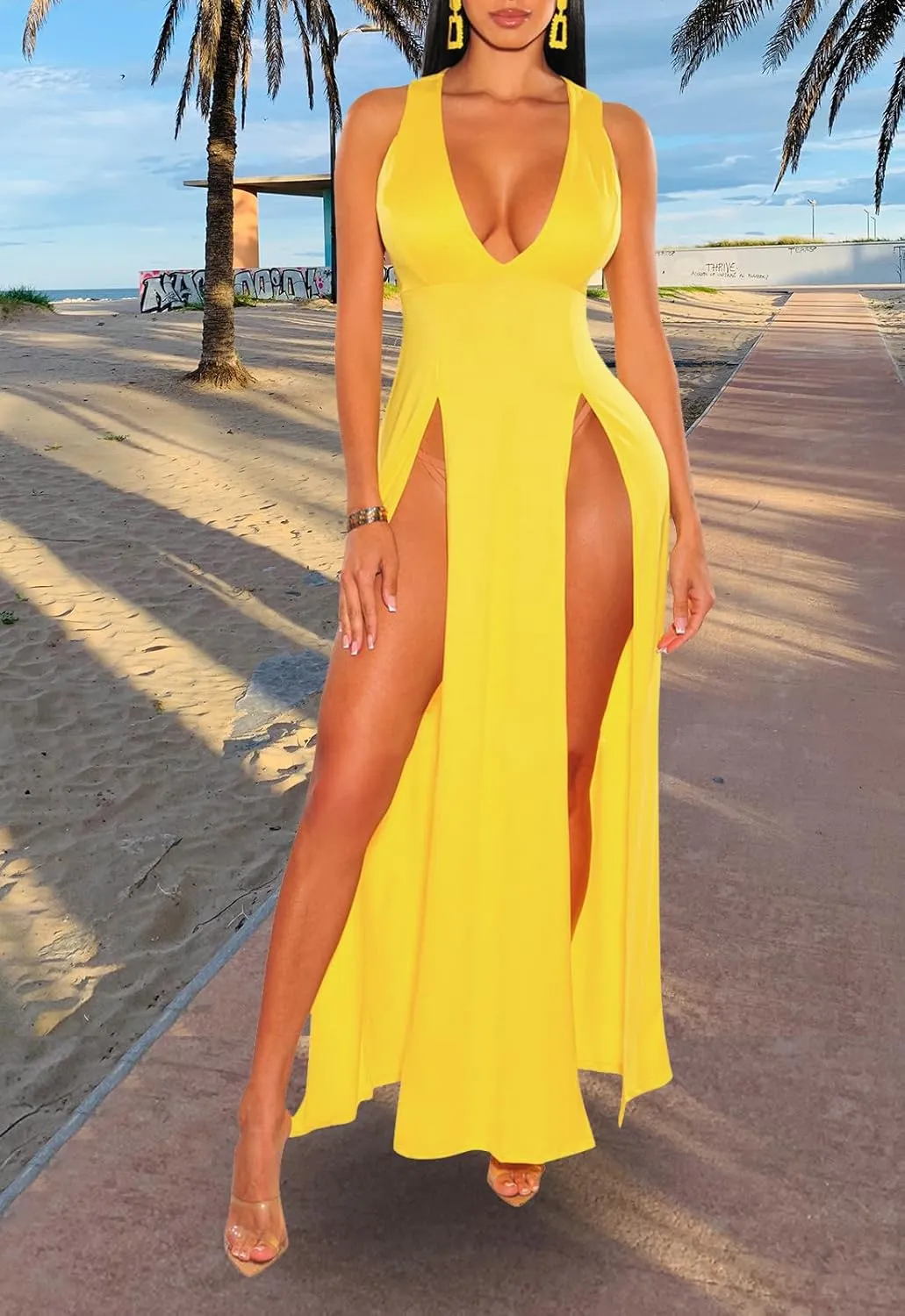 Sexy Maxi Dress for Women Sleeveless Front High Split Deep V Neck Party Long Bodycon Tank Dress