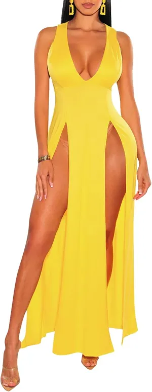 Sexy Maxi Dress for Women Sleeveless Front High Split Deep V Neck Party Long Bodycon Tank Dress