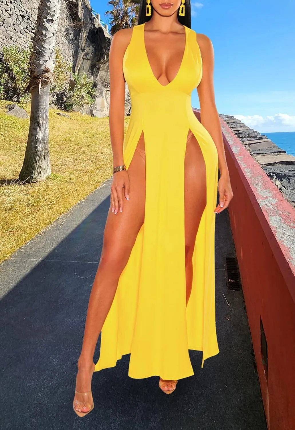 Sexy Maxi Dress for Women Sleeveless Front High Split Deep V Neck Party Long Bodycon Tank Dress