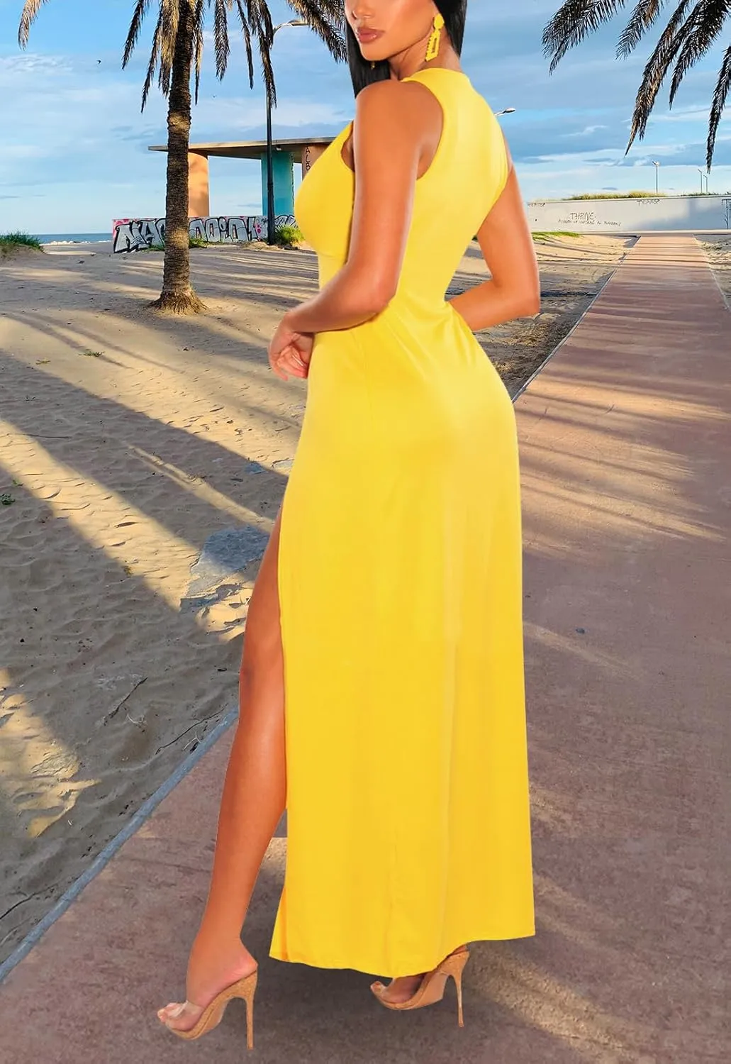 Sexy Maxi Dress for Women Sleeveless Front High Split Deep V Neck Party Long Bodycon Tank Dress