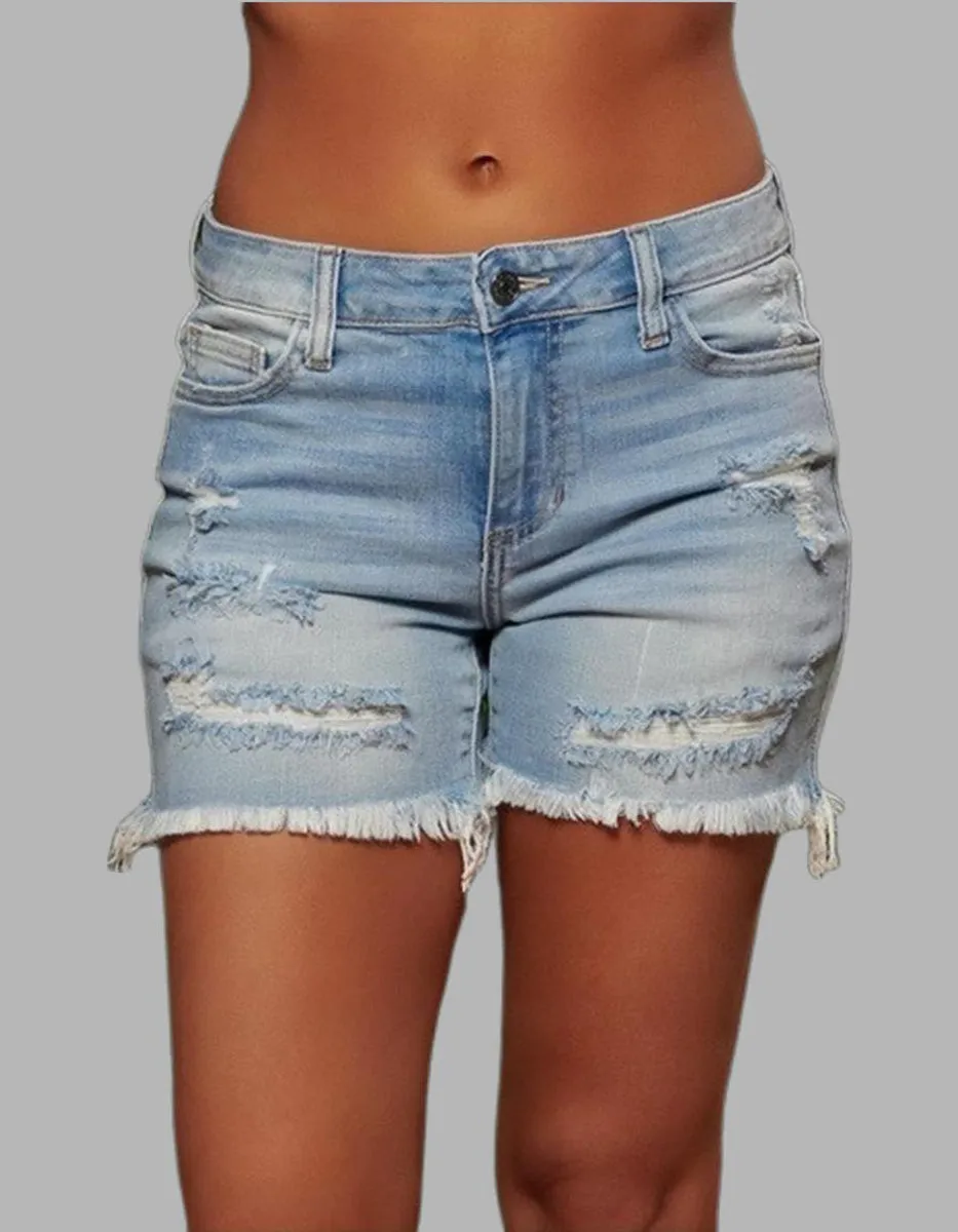 Solid-color Tassel Ripped Denim Shorts