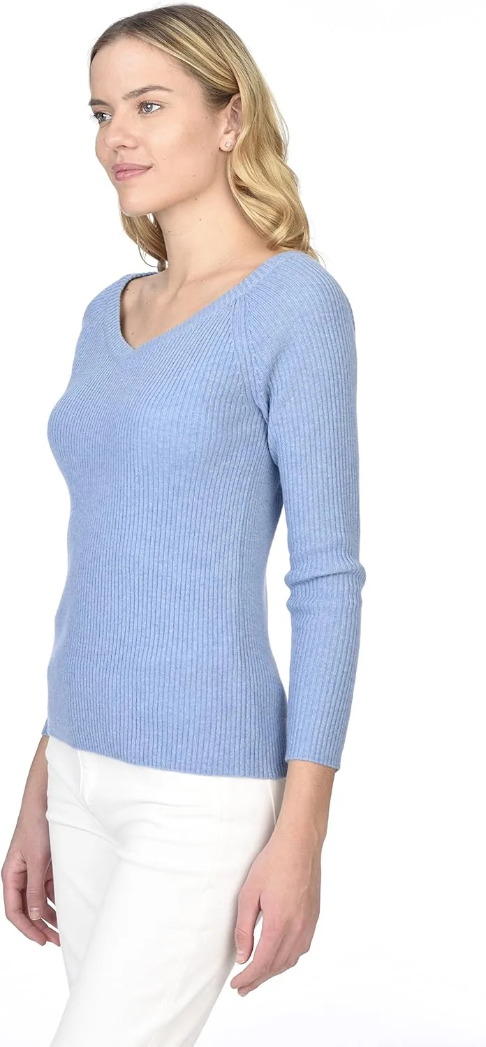 State Cashmere Womens Easy V-Neck Ribbed Sweater 100% Pure Cashmere 3/4 Sleeve Pullover
