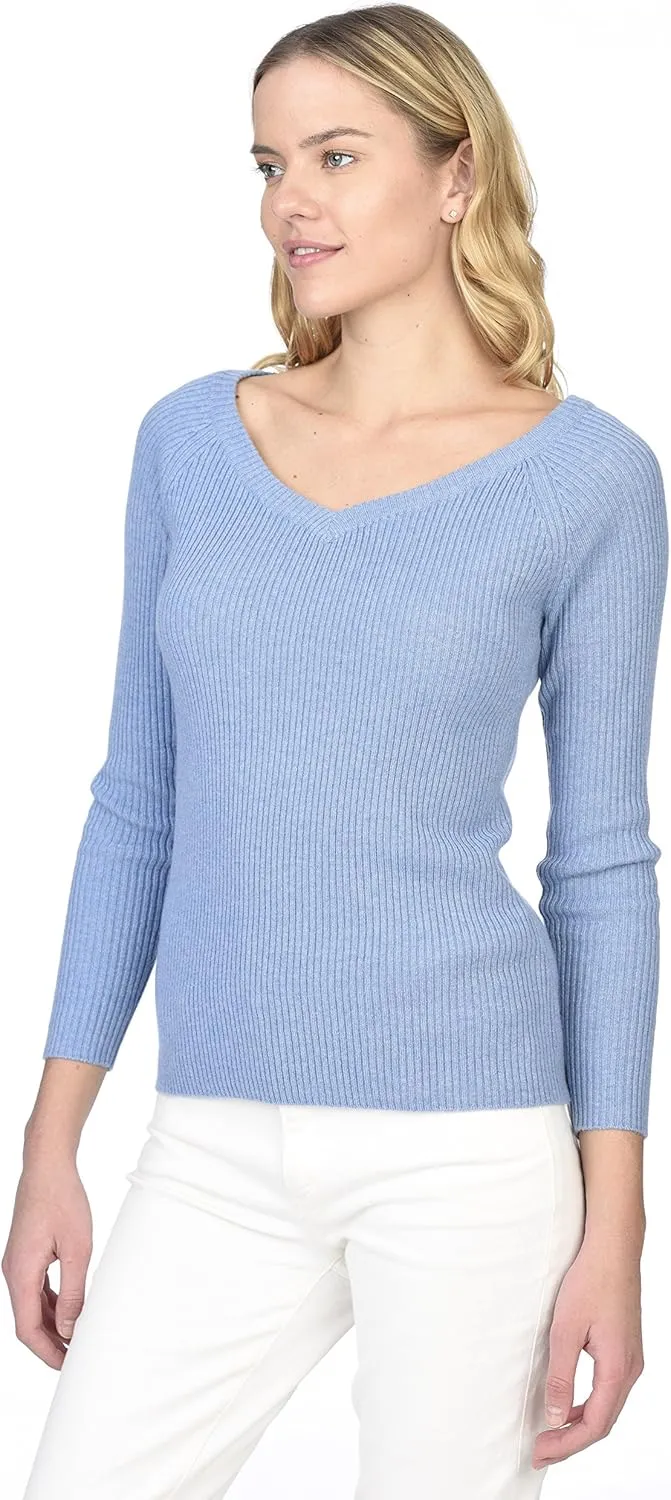 State Cashmere Womens Easy V-Neck Ribbed Sweater 100% Pure Cashmere 3/4 Sleeve Pullover