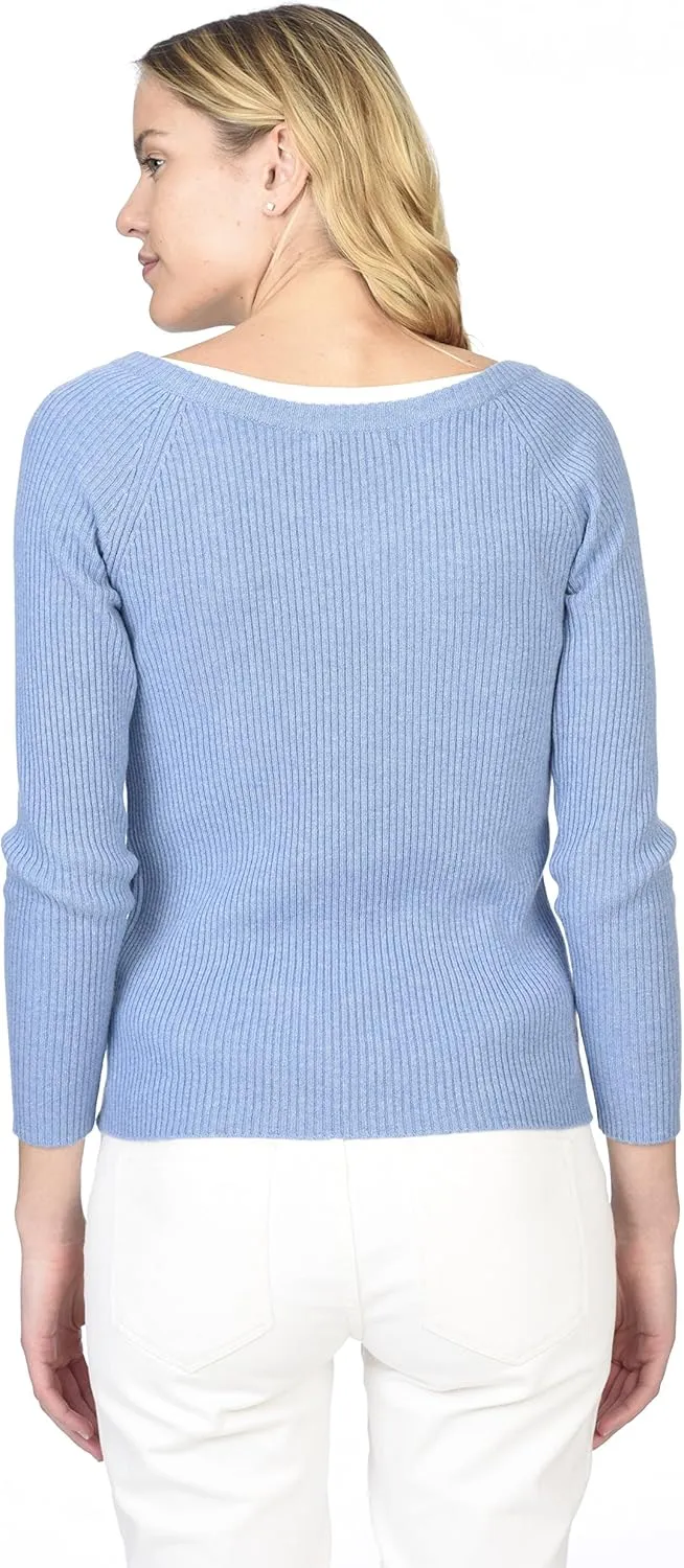 State Cashmere Womens Easy V-Neck Ribbed Sweater 100% Pure Cashmere 3/4 Sleeve Pullover