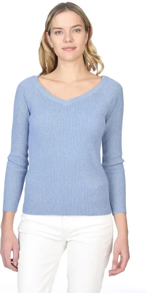 State Cashmere Womens Easy V-Neck Ribbed Sweater 100% Pure Cashmere 3/4 Sleeve Pullover
