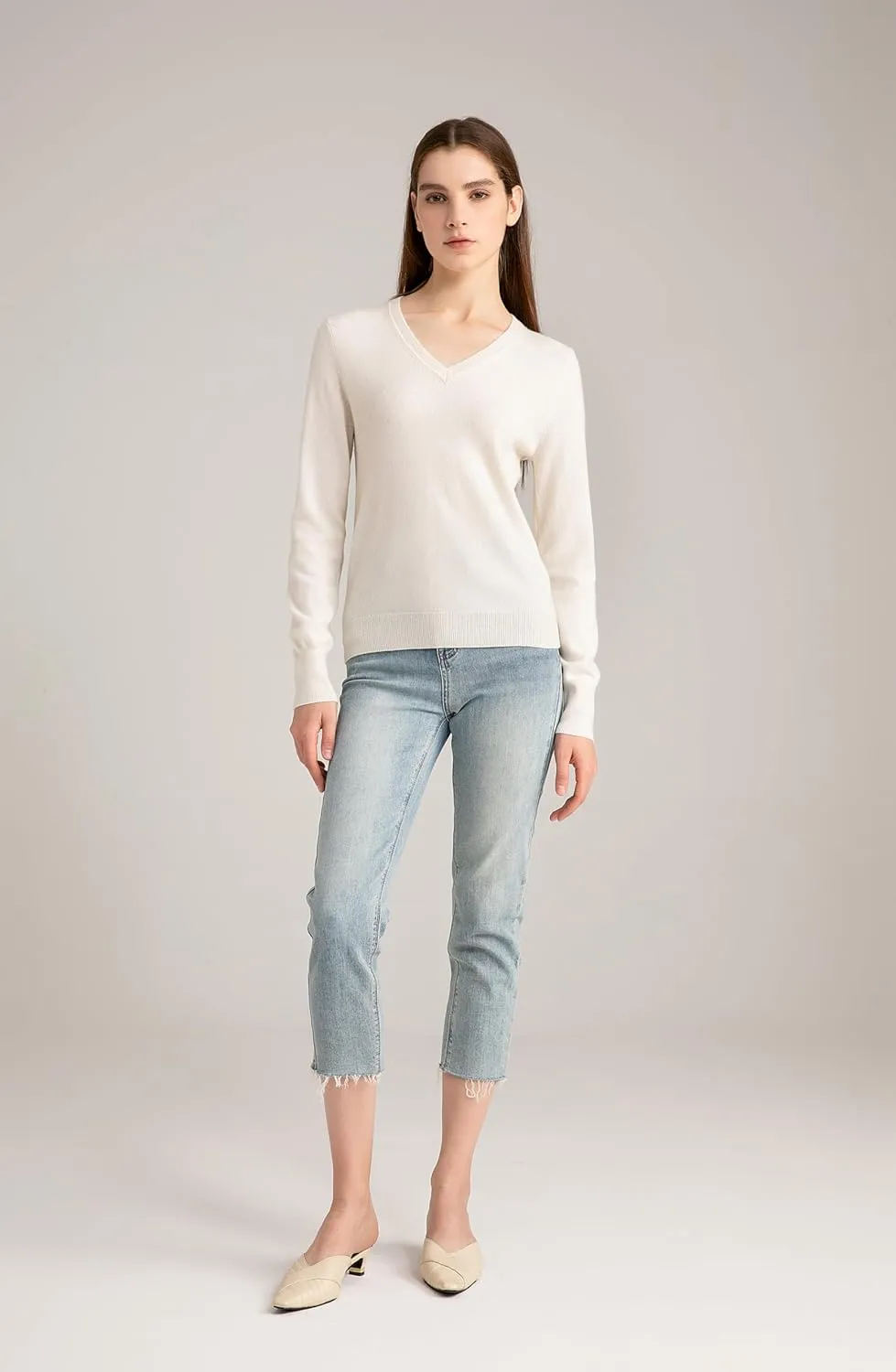 State Cashmere Womens Essential V-Neck Sweater 100% Pure Cashmere Classic Long Sleeve Pullover