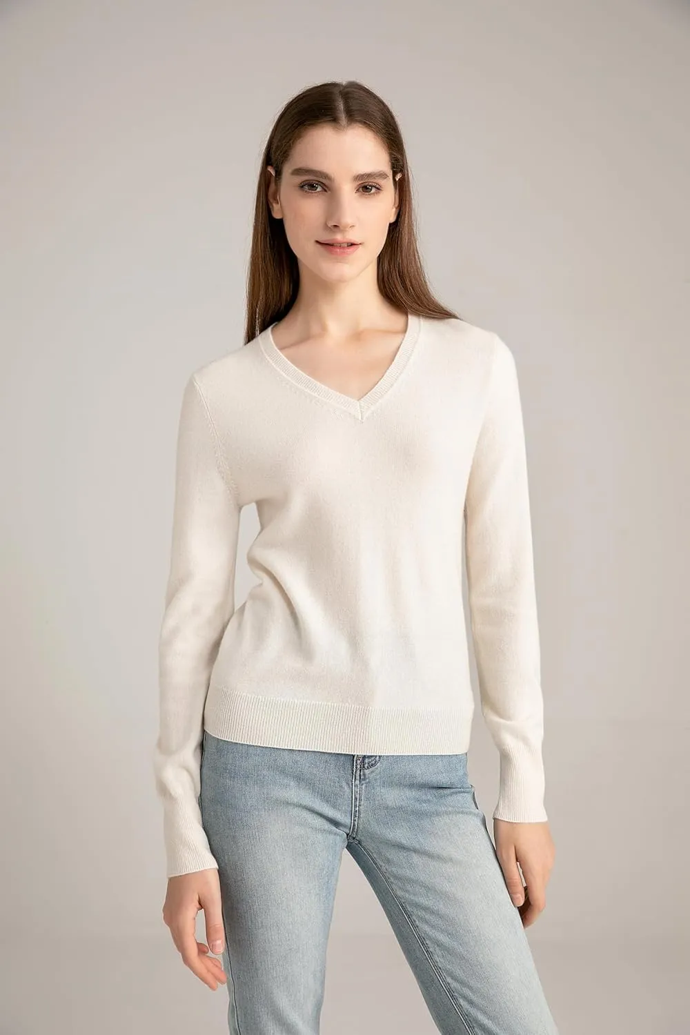 State Cashmere Womens Essential V-Neck Sweater 100% Pure Cashmere Classic Long Sleeve Pullover