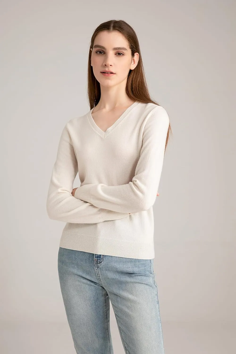 State Cashmere Womens Essential V-Neck Sweater 100% Pure Cashmere Classic Long Sleeve Pullover