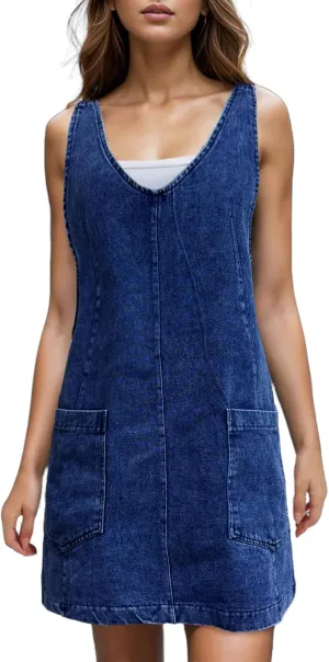 Viatabuna Denim Overall Dress for Women Sleeveless V Neck Adjustable Strap Mini Jean Jumper Dress with Pockets Summer Beach