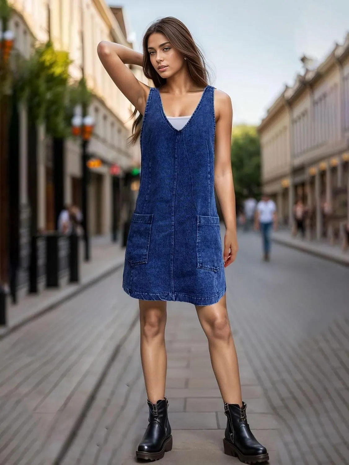 Viatabuna Denim Overall Dress for Women Sleeveless V Neck Adjustable Strap Mini Jean Jumper Dress with Pockets Summer Beach