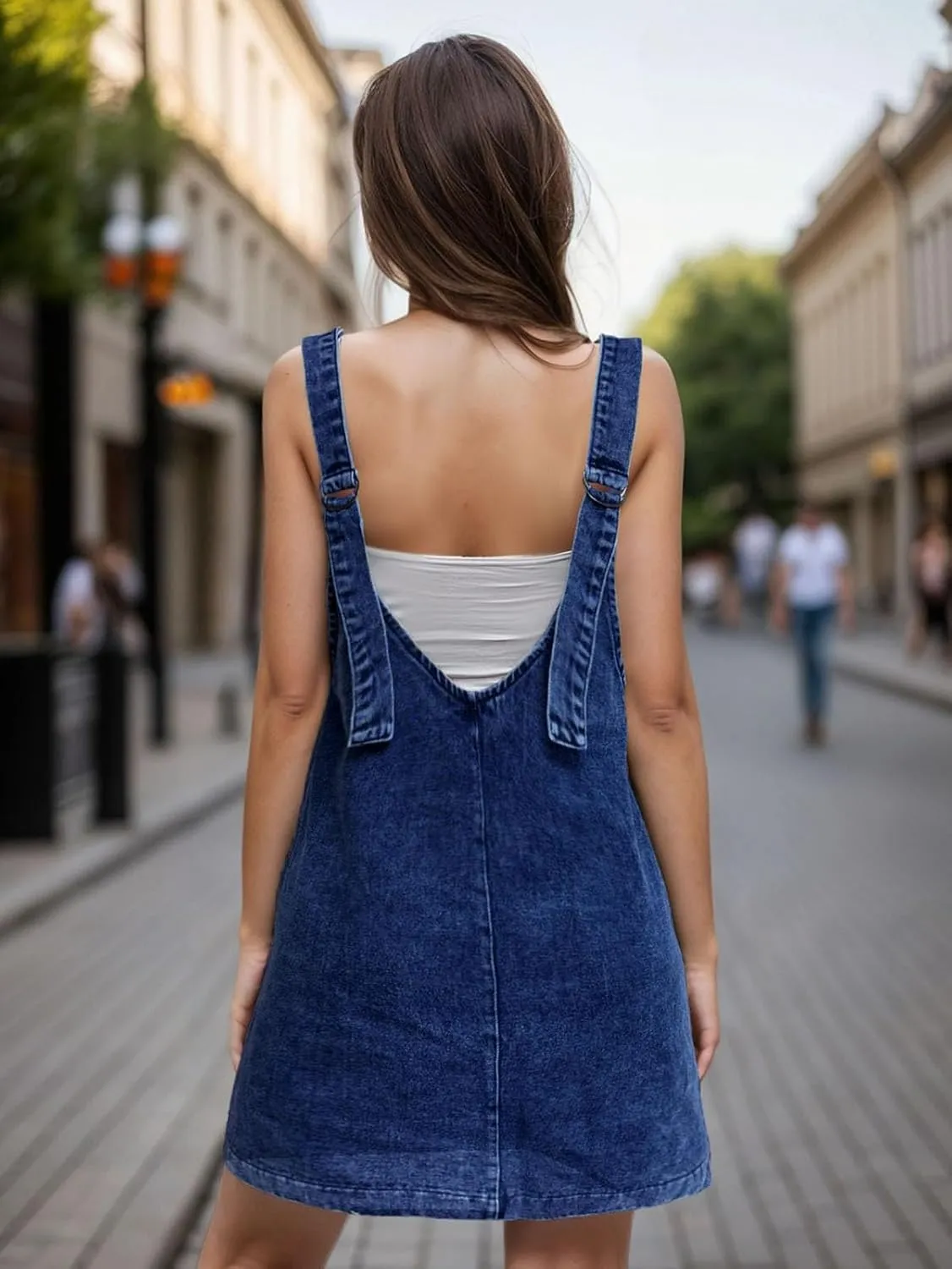 Viatabuna Denim Overall Dress for Women Sleeveless V Neck Adjustable Strap Mini Jean Jumper Dress with Pockets Summer Beach
