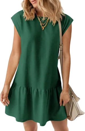Wenrine Womens Summer T Shirt Dress Casual Short Cap Sleeve Ruffle Hem Crewneck Loose Mini Dresses