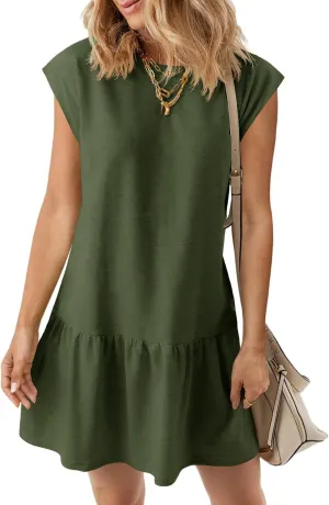 Wenrine Womens Summer T Shirt Dress Casual Short Cap Sleeve Ruffle Hem Crewneck Loose Mini Dresses