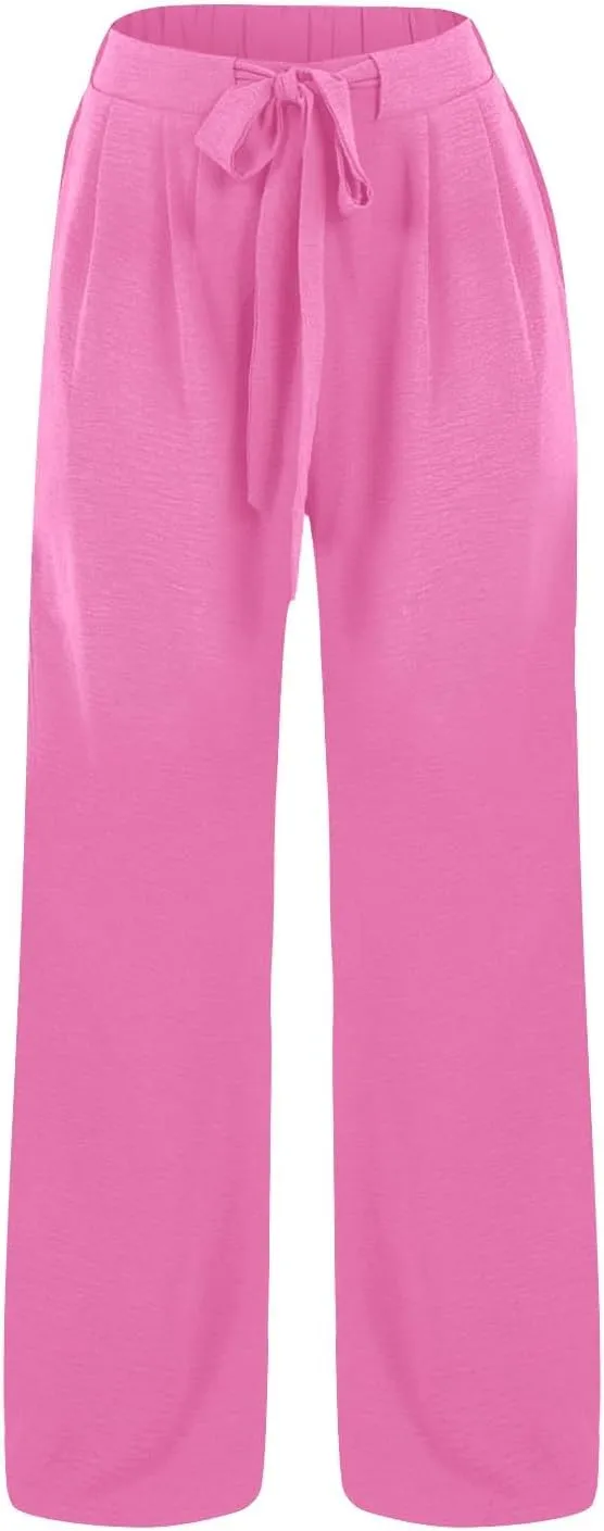 Women Flowy Wide Leg Palazzo Pants High Waisted Travel Beach Lounge Pant Tie Knot Loose Summer Work Dressy Trousers