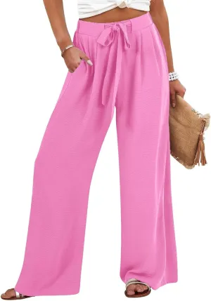 Women Flowy Wide Leg Palazzo Pants High Waisted Travel Beach Lounge Pant Tie Knot Loose Summer Work Dressy Trousers