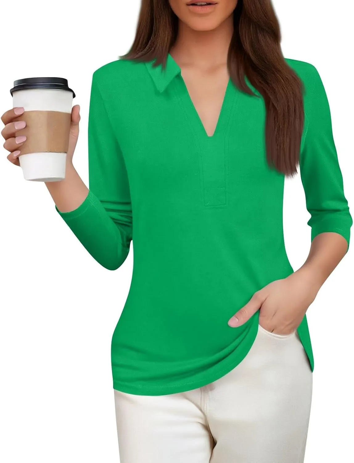 Women's 2025 3/4 Length Sleeve V-Neck Collared Tops Summer Business Casual Work Polo Shirts Loose Fitted Tees