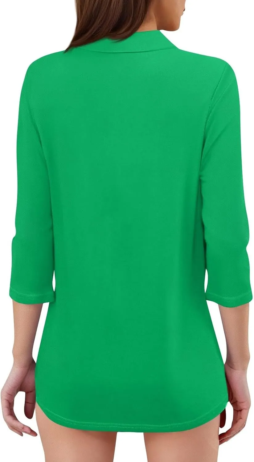 Women's 2025 3/4 Length Sleeve V-Neck Collared Tops Summer Business Casual Work Polo Shirts Loose Fitted Tees