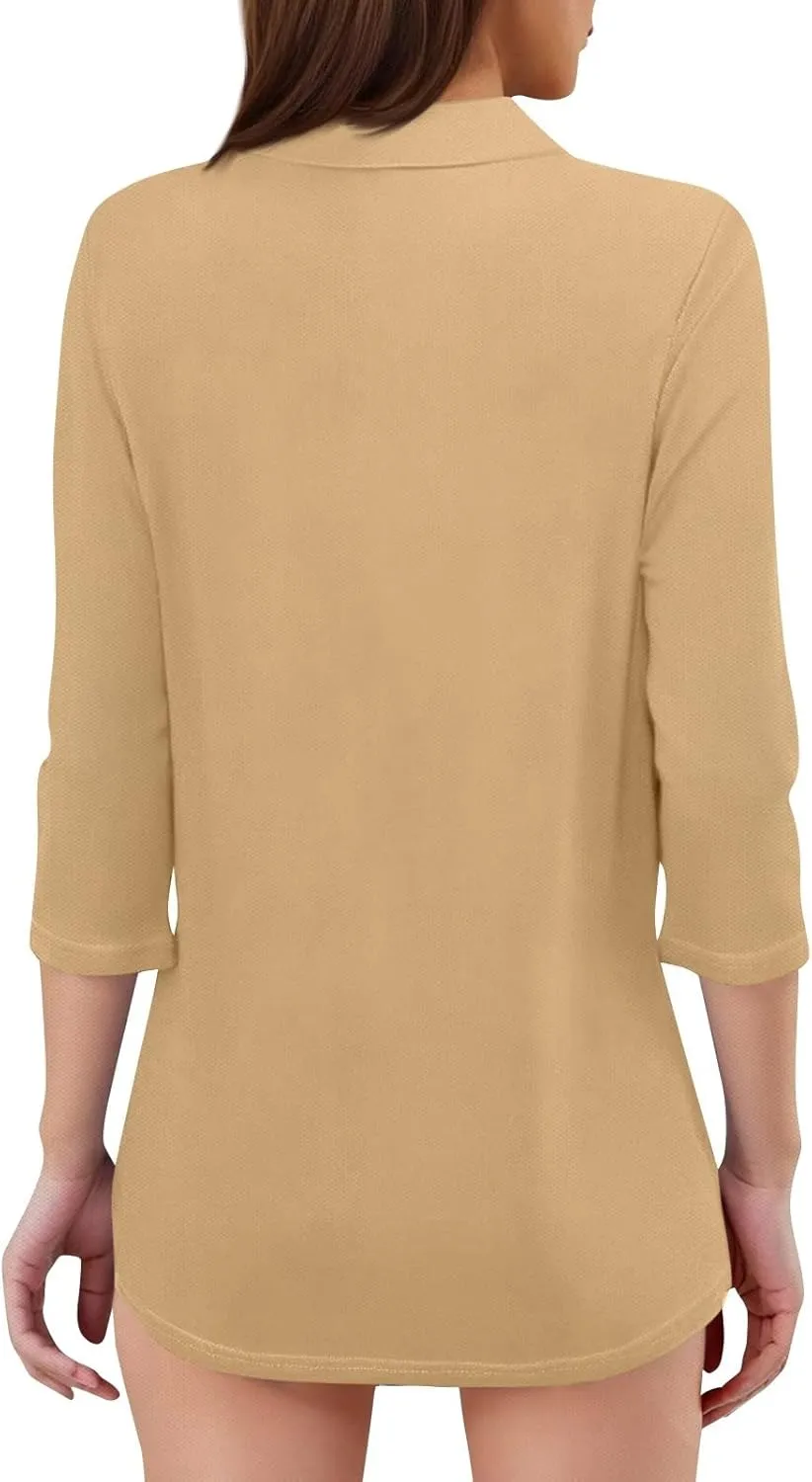 Women's 2025 3/4 Length Sleeve V-Neck Collared Tops Summer Business Casual Work Polo Shirts Loose Fitted Tees