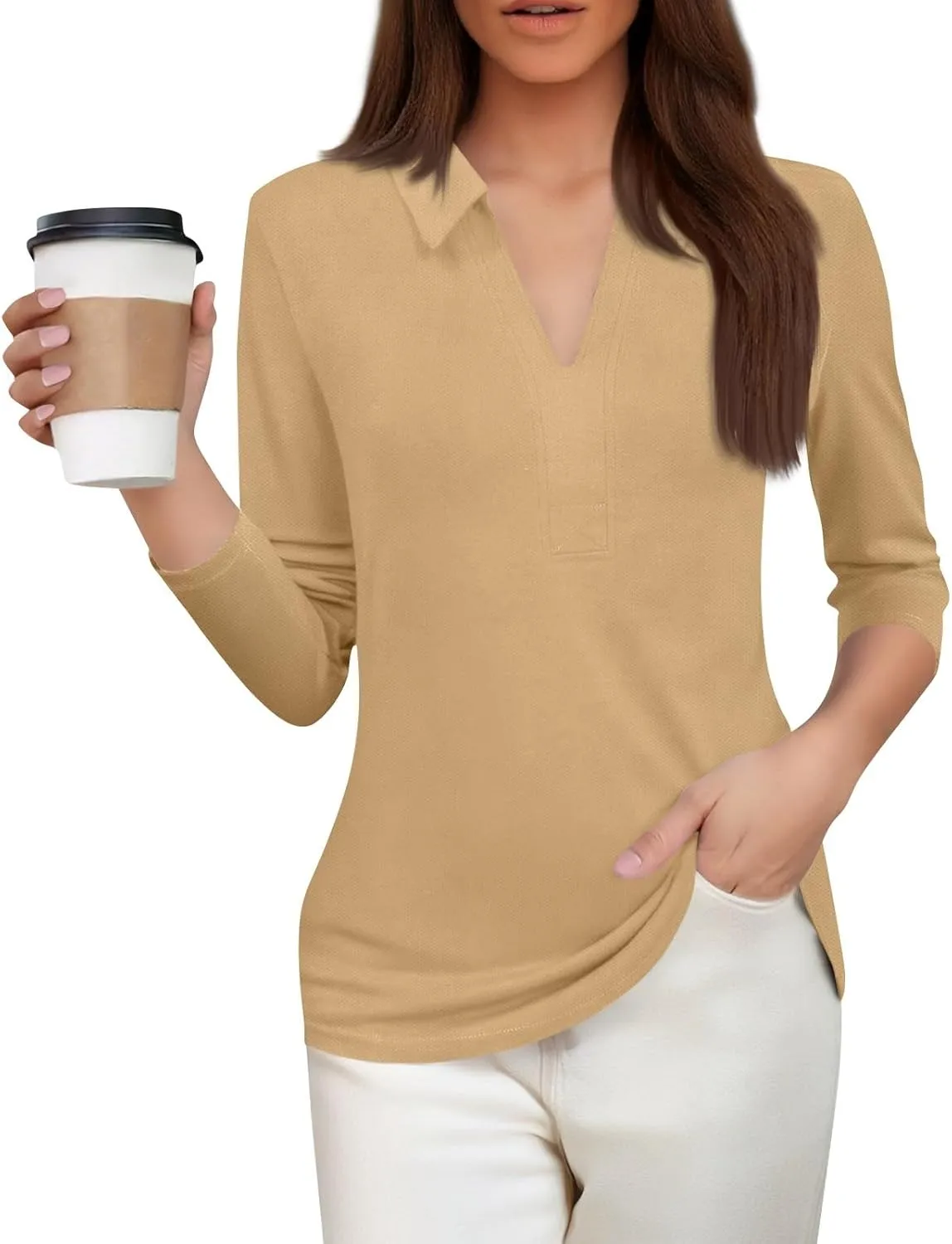 Women's 2025 3/4 Length Sleeve V-Neck Collared Tops Summer Business Casual Work Polo Shirts Loose Fitted Tees