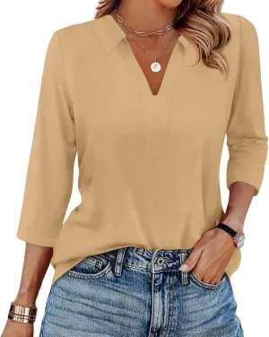 Women's 2025 3/4 Length Sleeve V-Neck Collared Tops Summer Business Casual Work Polo Shirts Loose Fitted Tees