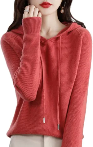 Womens Cashmere with Pullovers,Winter Casual Knitting Hoodie Fashion Sweater,Fall Drawstring Thick Sweater